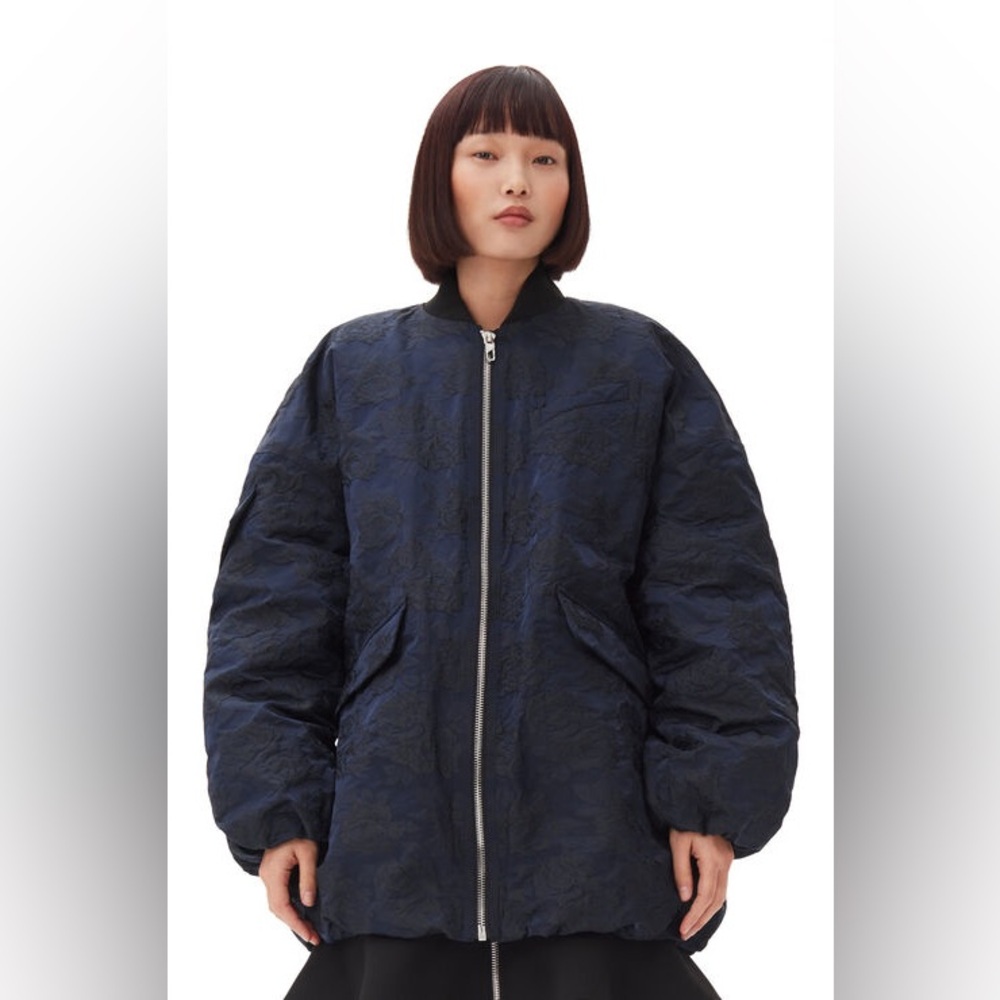 New Ganni Jacquard Botanical Bomber Coat - Navy Peacoat - S/M